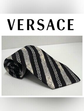 Versace Vintage Greek Key & Scroll Print Black & Gray Silk Twill Necktie Y2K